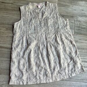 St. Tropez West 100% Linen Sleeveless Blouse Embroidery V Neck Tan Khaki SZ S